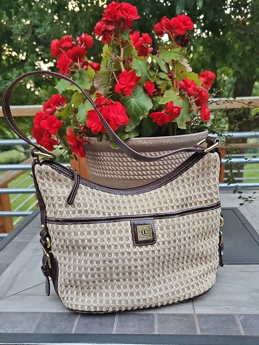 Carryland Cream Woven Shoulder Bag with Brown Trim